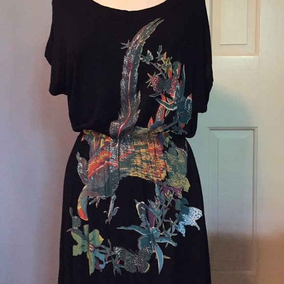 Black cotton screen printed short-sleeve dress - Picture 2 of 8